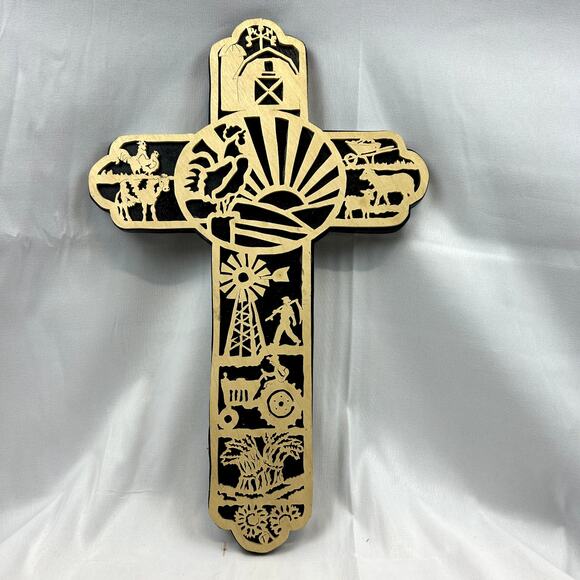Handmade Large CROSS Scroll cut woodtractor wheat farm scenes 17" x 11"